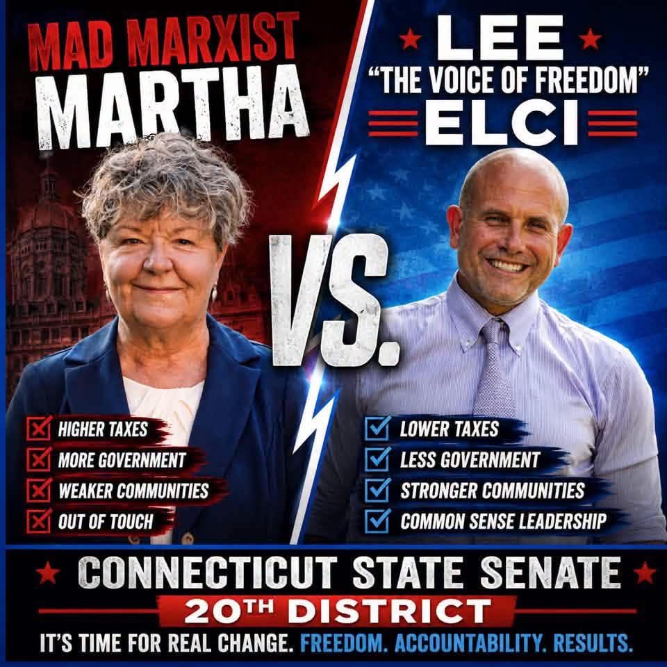 Comparison graphic: Lee Elci for lower taxes, less government, stronger communities and common-sense leadership, versus higher taxes, more government, weaker communities and out of touch